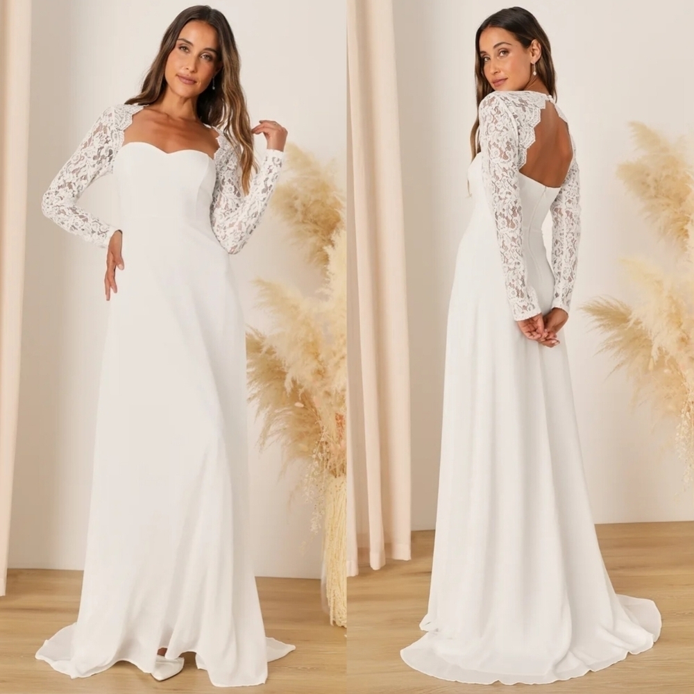 Lulu's White Long Sleeve Lace-Sleeve Sweetheart Wedding Dress